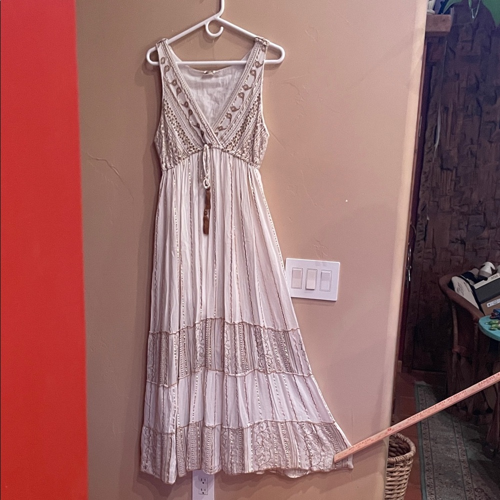 SUMITRA Boho Whimsical Festival Summer nightCrochet-Trim Maxi Dress in Cream.